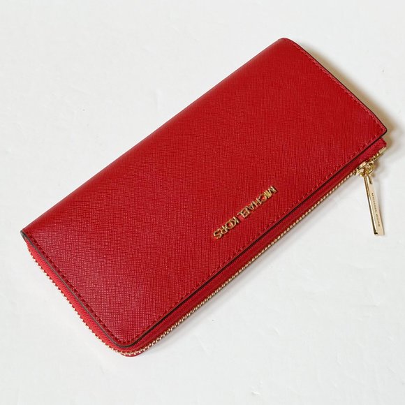 Michael Kors Jet Set Travel Large Three Quarter Zip Leather Wallet Red Chili - Picture 3 of 12